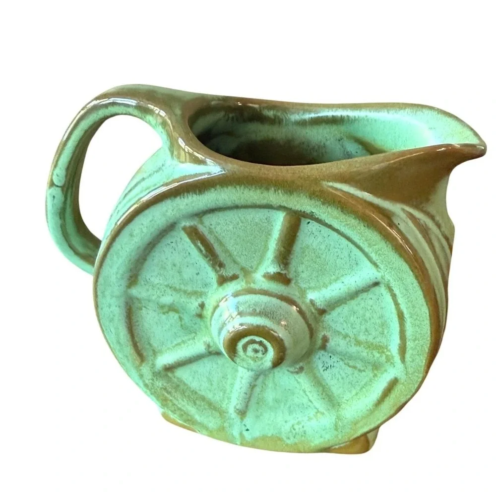 Vintage Frankoma Wagon Wheel Pitcher - Prairie Green Pottery Creamer - Ada Clay